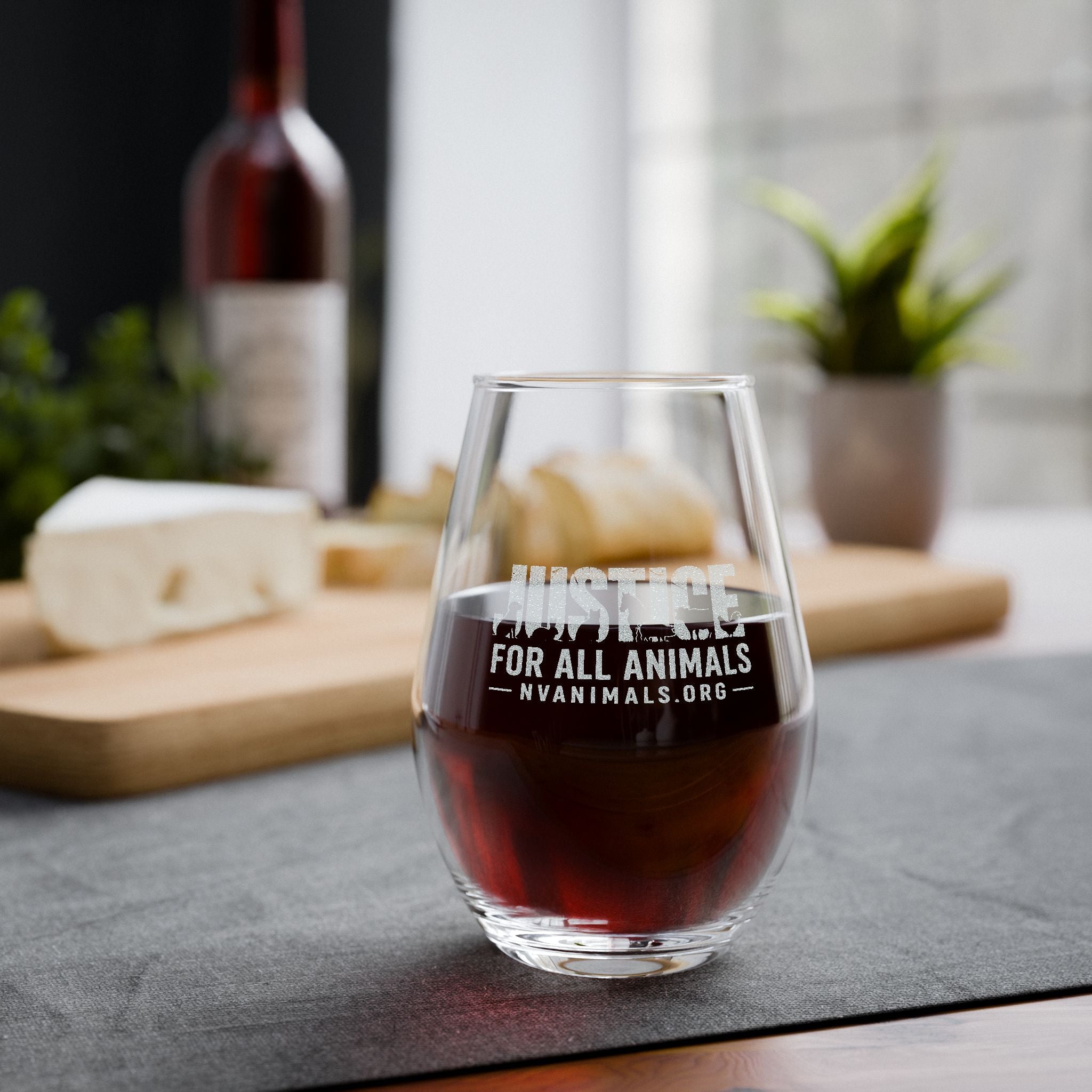 Engraved Stemless Wine Glass 11.5 oz — “Justice For All Animals” 1st Edition