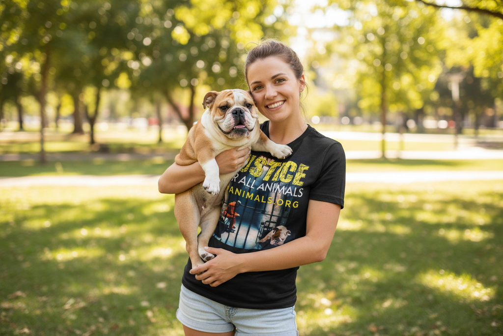 Justice for all Animals T-Shirt - Lady with Bulldog